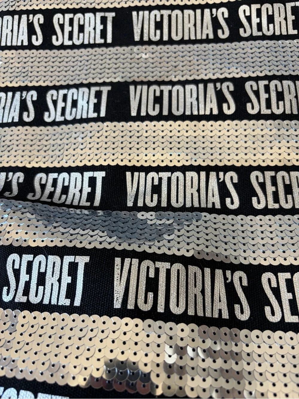 Victoria’s Secret Silver and Black Sequin Striped Weekender Canvas Tote Bag